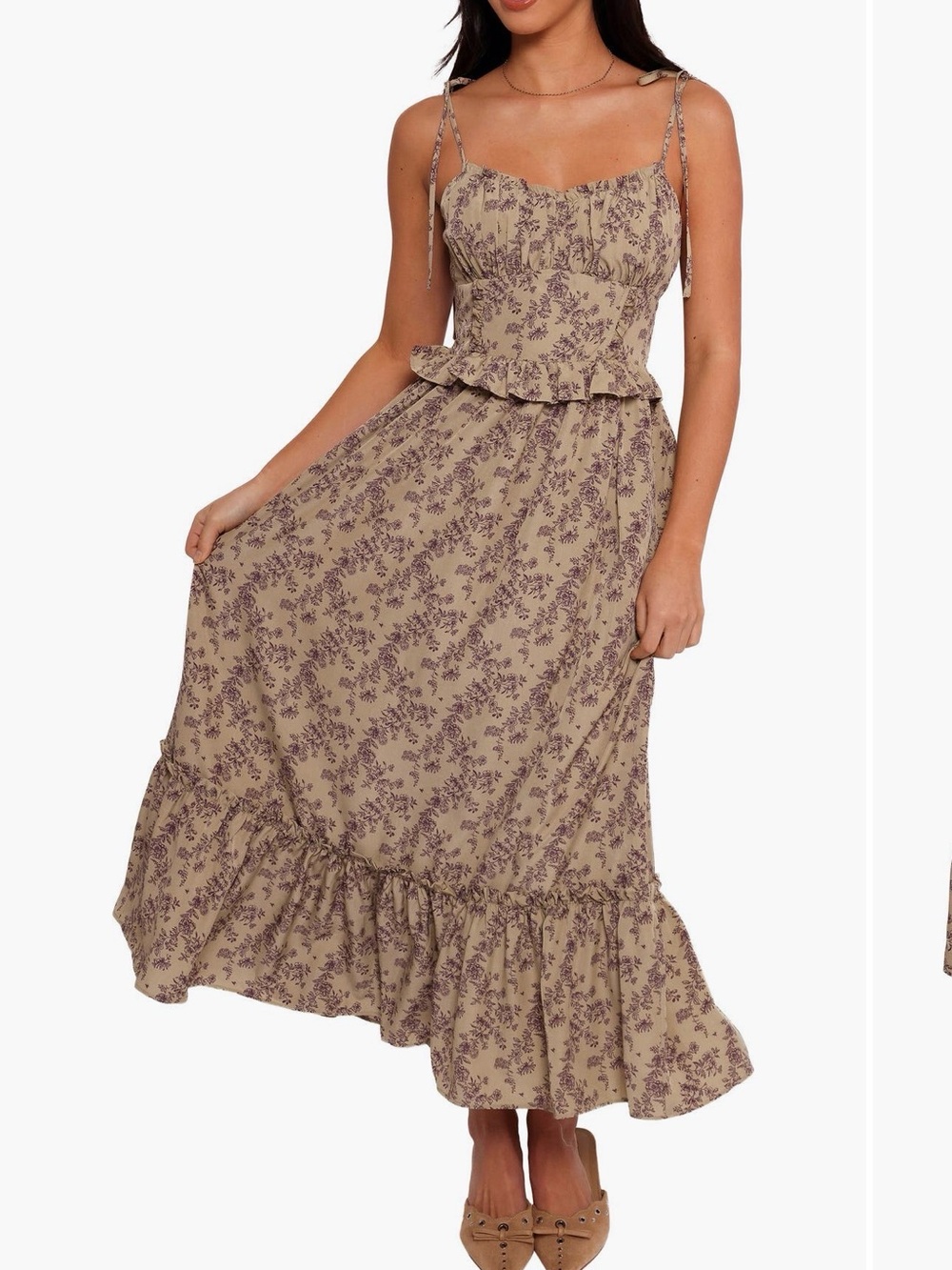 Petal & Pup Karie Print Beige Floral Midi Dress with Purple Print